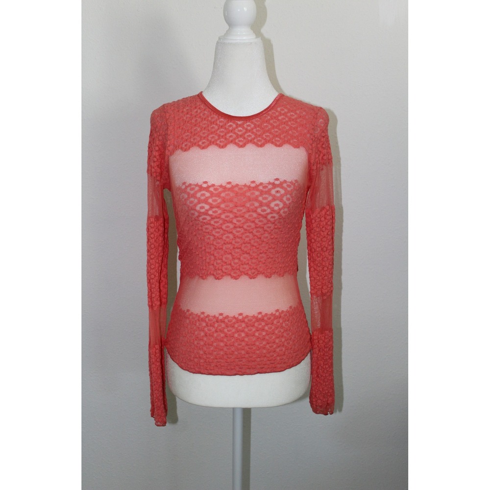 Estam Womens Coral Pink Popcorn Lace‎ Sheer Mesh Striped Long Sleeve Top Size S